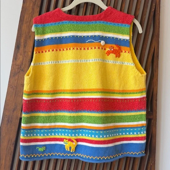 Susan Bristol Yellow Multi Striped cotton blend Knit Vest with Cats, Fish - Picture 2 of 4